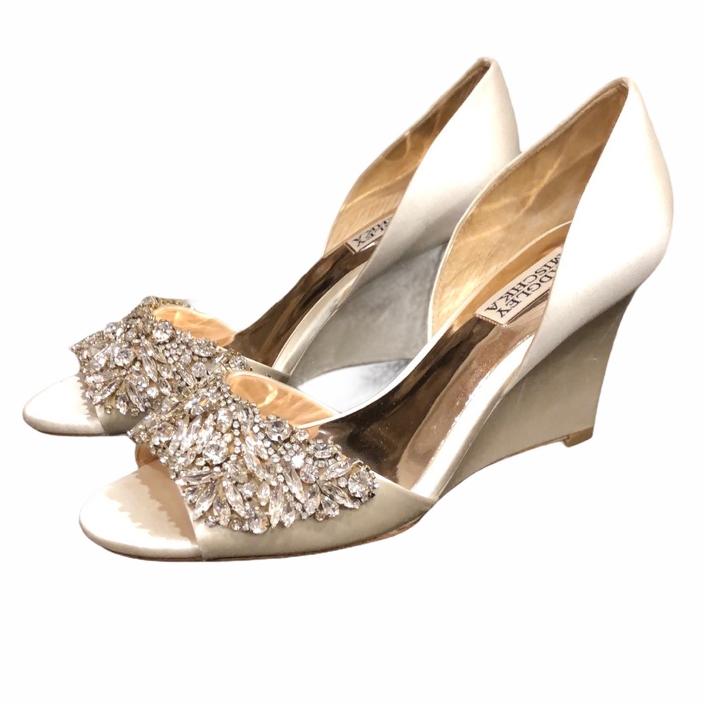 Bagley mischka Hardy satin blinged wedding wedges